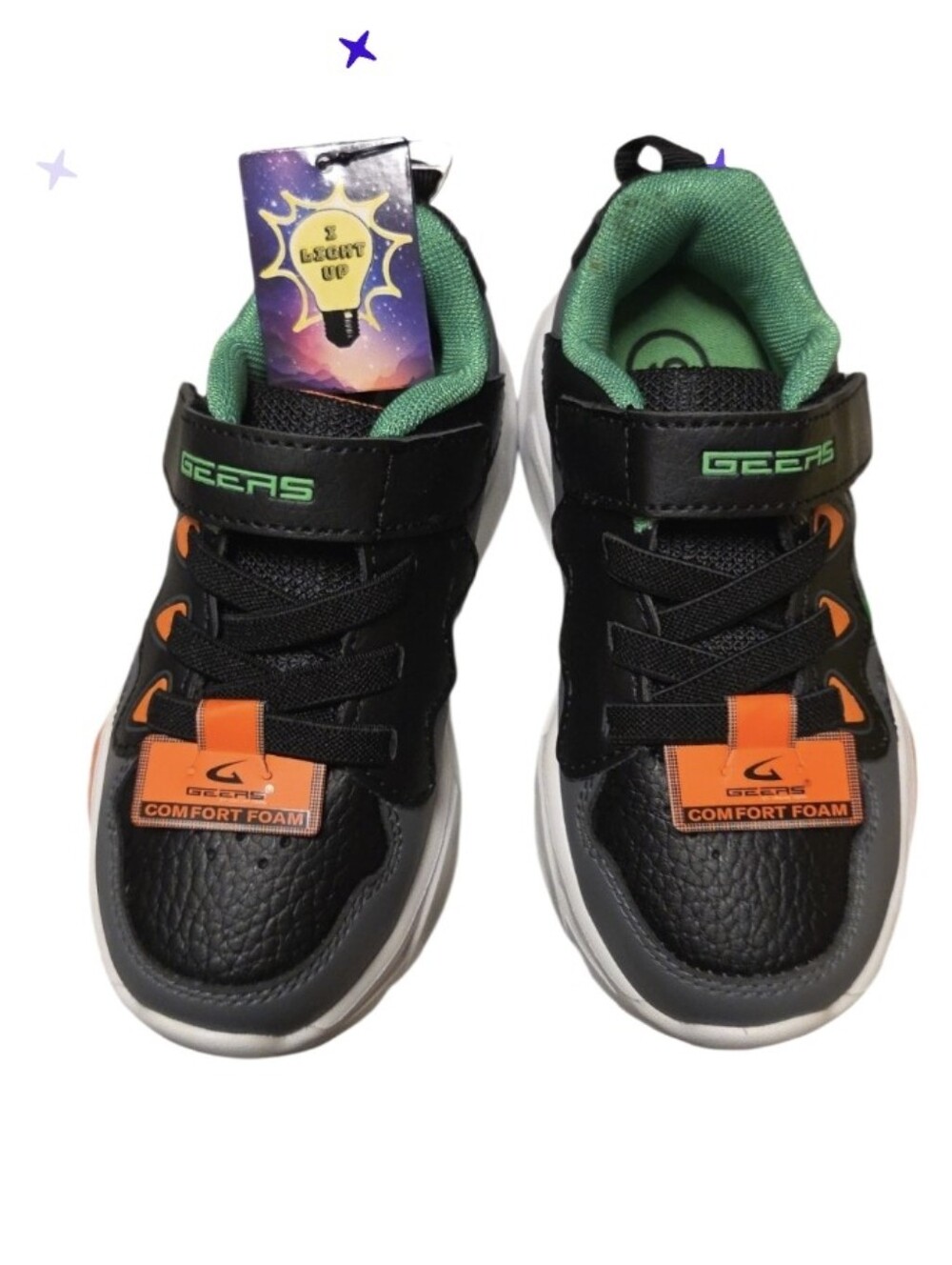 Kids Black Sneakers with Green Interior and Orange Accents